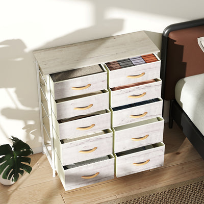 HOMCOM Chest of Ten Fabric Drawers - Natural Wood Finish 