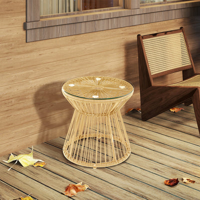 Outsunny Round End Table, Rattan Side Table, Hollow Drum Design Coffee Table w/ Glass Tabletop for Patio, Garden, Balcony Natural 