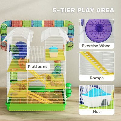 PawHut 5 Tier Hamster Cage Carrier Habitat with Exercise Wheels Tunnel Tube Water Bottle Dishes House Ladder for Dwarf Mice, Green 