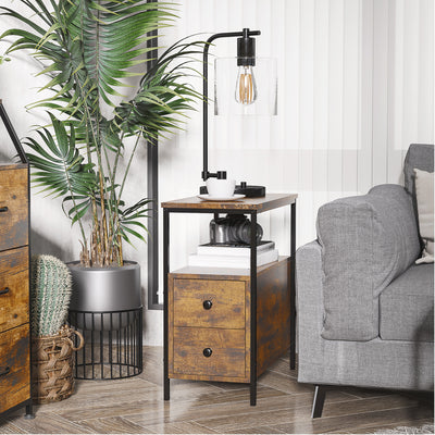 HOMCOM Side Table, Narrow Bedside Table with 2 Drawers and Storage Shelf, Industrial End Table with Metal Frame for Small Spaces, Rustic Brown 