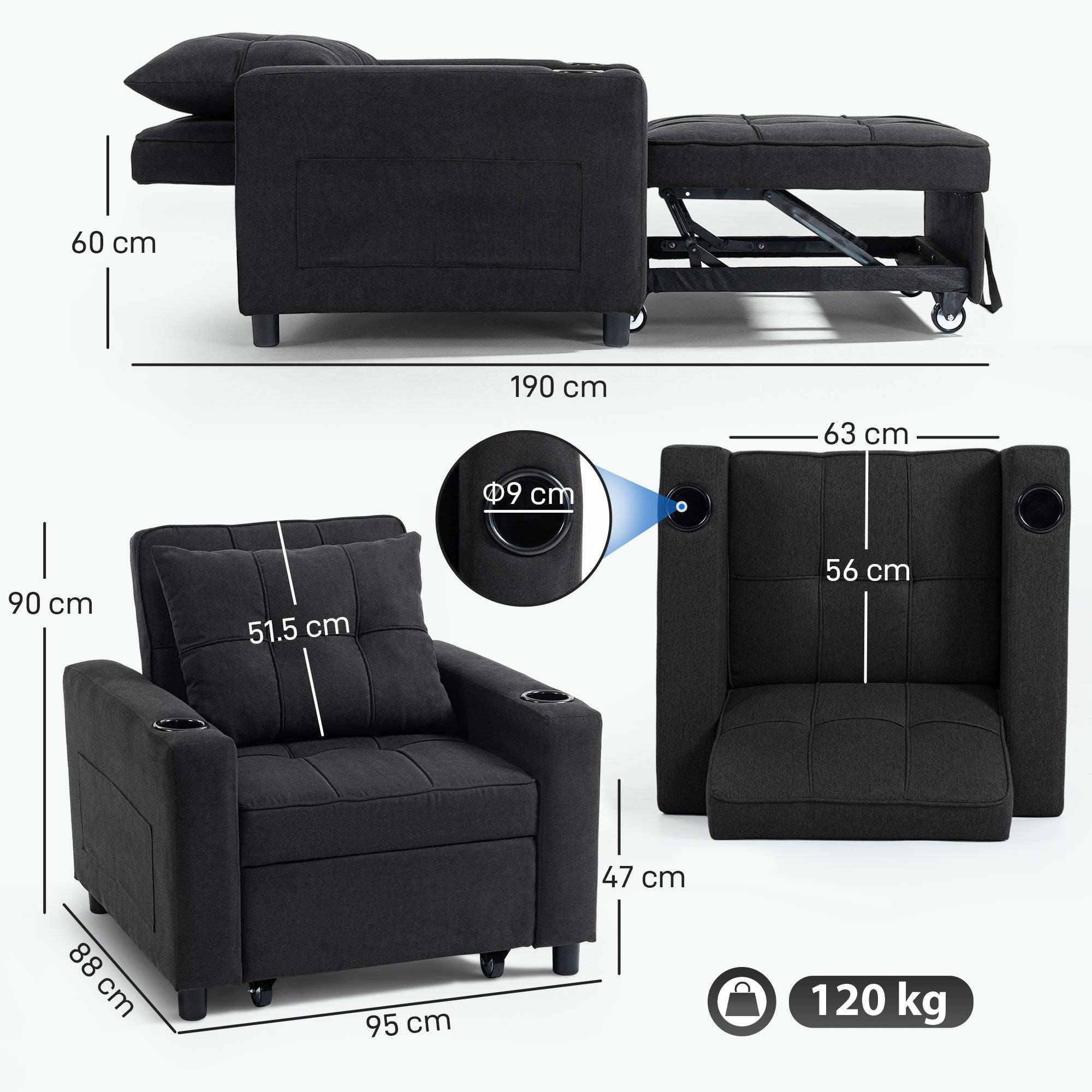 HOMCOM 3-in-1 Single Sofa Bed, Convertible Sleeper Chair Bed - Black 