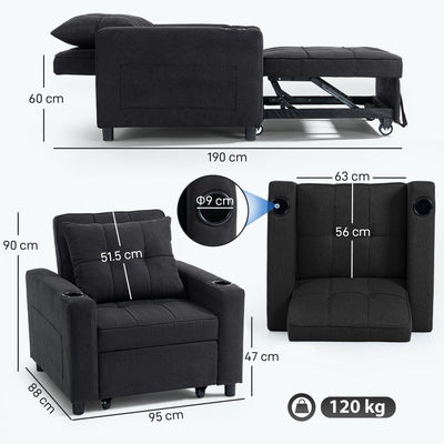 HOMCOM 3-in-1 Single Sofa Bed, Convertible Sleeper Chair Bed - Black 