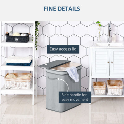 HOMCOM 100L Natural Wood Laundry Basket A Compartment w/Flip Lid Removable Lining Handles Board Base Foldable Durable Water-Resistant Dirty Clothes Storage Home Organisation Grey 