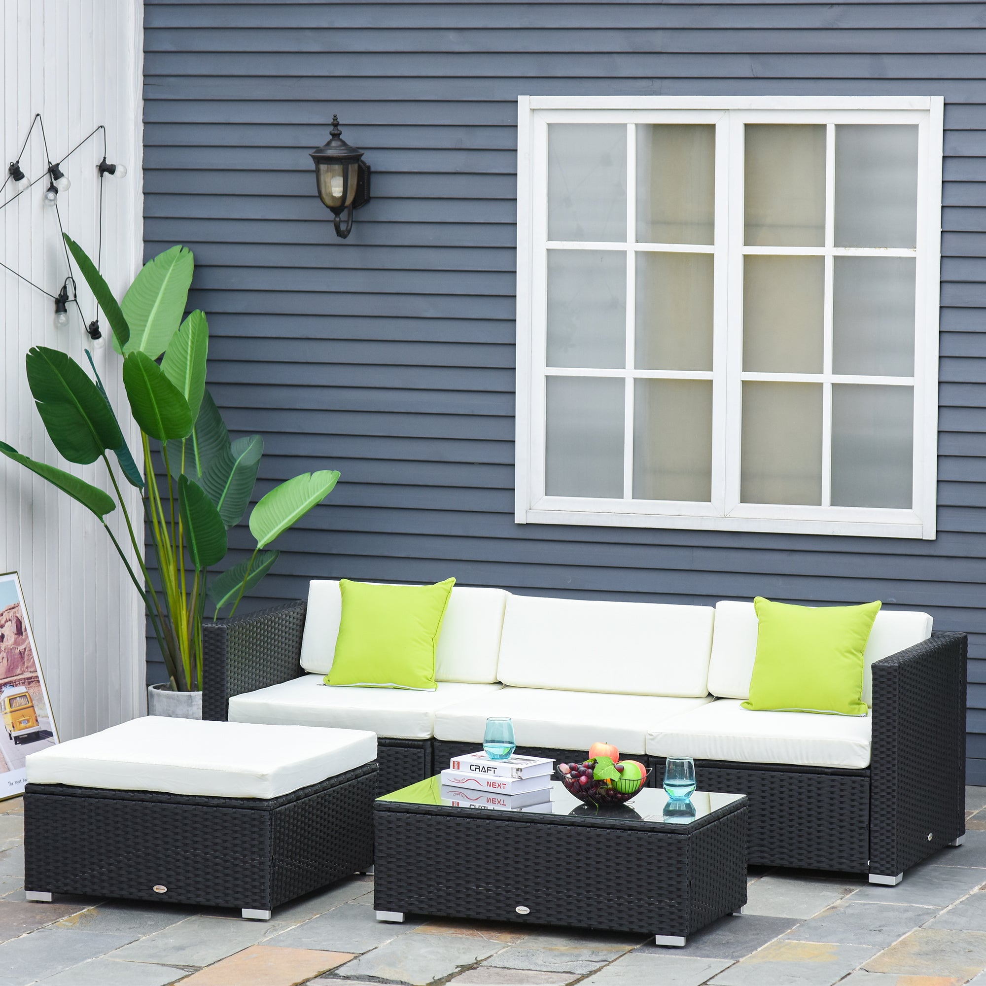 Outsunny 4-Seater Rattan Sofa Set Set Garden Outdoor Sectional Sofa Coffee Table Metal Frame w/Cushion Pillows-Black 