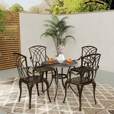 Outsunny 5 Pieces Garden Dining Set for 4, Cast Aluminium Outdoor Dining Set with 4 Armchairs and Round Dining Table with Parasol Hole, Garden Furniture Set, Bronze Tone 