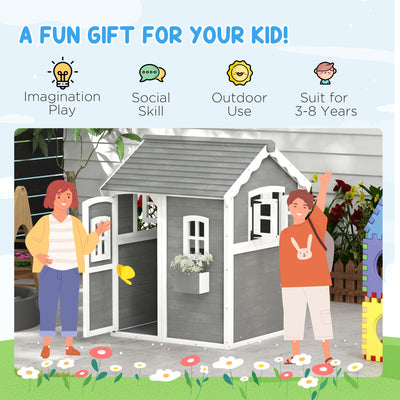 Outsunny Wooden Playhouse for Kids with Doors, Windows, Plant Box, Floors, for Ages 3-8 Years, for Gardens, Lawns, Patios - Grey 