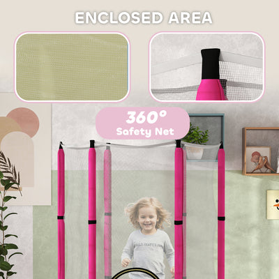 AIYAPLAY 4.6FT Toddler Trampoline w/ Safety Enclosure Net, for Indoor Outdoor Use, Ages 3-6 Years, Sun Pattern - Pink 
