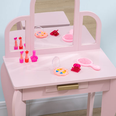 HOMCOM Kids Dressing Table Set, with Mirror and Drawer - Pink 