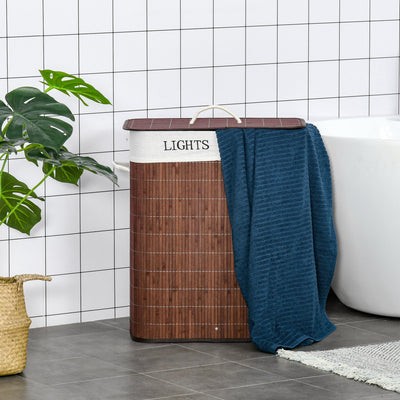 HOMCOM 100L Laundry Basket with Lid String Handles, 2 Section Collapsible Hamper Removable Lining Foldable Water-Resistant Dirty Clothes Storage, Brown 