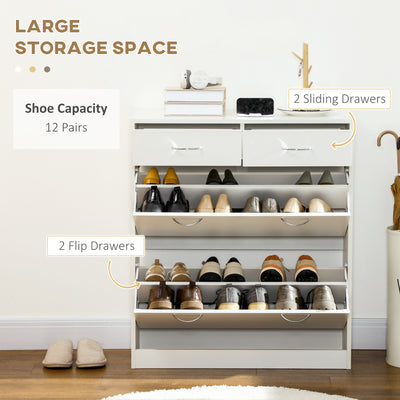 HOMCOM Narrow Shoe Storage with 2 Flip Drawers and Adjustable Shelves Shoe Cabinet Organizer for 12 Pairs of Shoes, White 