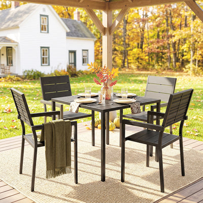 Outsunny 5 Pieces Garden Dining Set, Garden Table and Chairs Set for 4 with Square HDPE Table and Chairs with Armrests, Black 