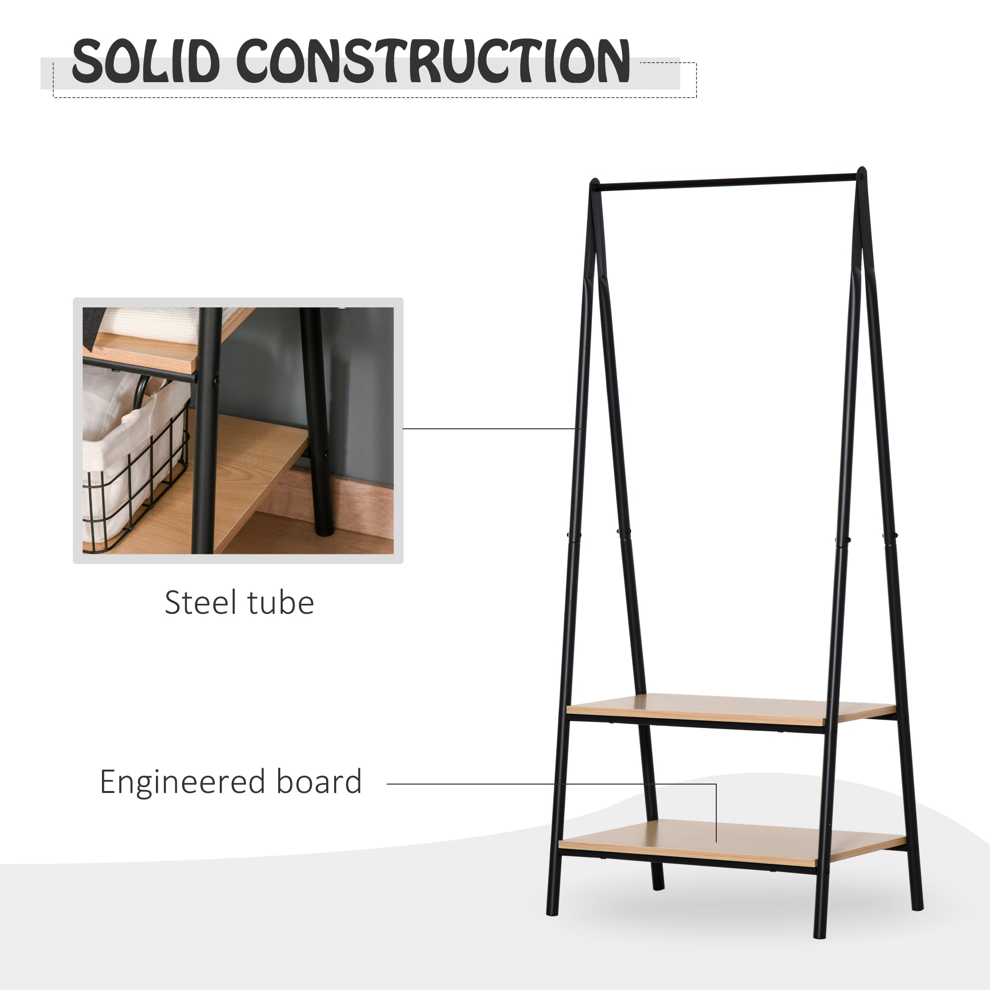 HOMCOM Clothes Rail, Freestanding Metal Clothes Rack with 2 Tier Storage Shelves for Bedroom and Entryway, 64 x 42.5 x 149 cm, Black Frame 