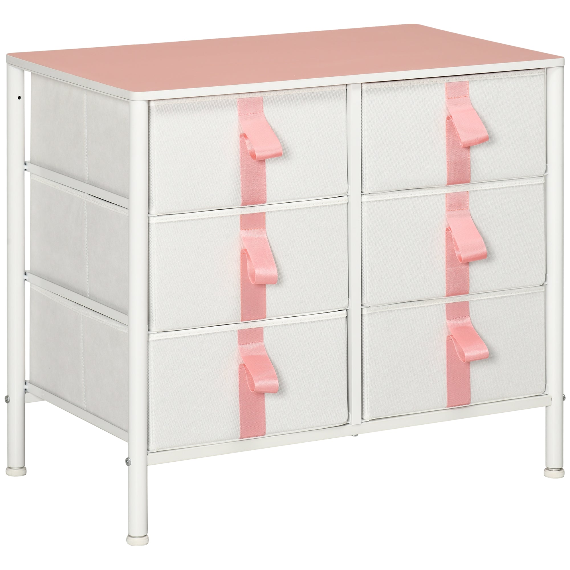 HOMCOM Chest of Drawers, Cloth Organizer Unit with 6 Fabric Drawers, Metal Frame and Wooden Top, Storage Cabinet for Kids Room, Living Room, Closet, Hallway, Pink 
