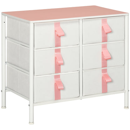 HOMCOM Chest of Drawers, Cloth Organizer Unit with 6 Fabric Drawers, Metal Frame and Wooden Top, Storage Cabinet for Kids Room, Living Room, Closet, Hallway, Pink 