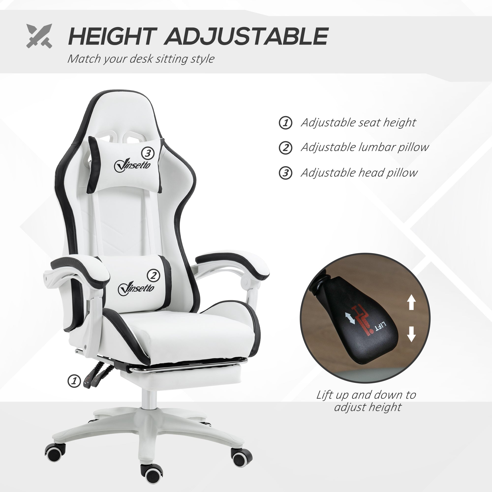 Vinsetto Computer Gaming Chair, PU Leather Desk Chair with Footrest, Swivel Task Chair with 135\'c2\'b0 Reclining Back and Lumbar Support, PC Chair for Adults, White and Black