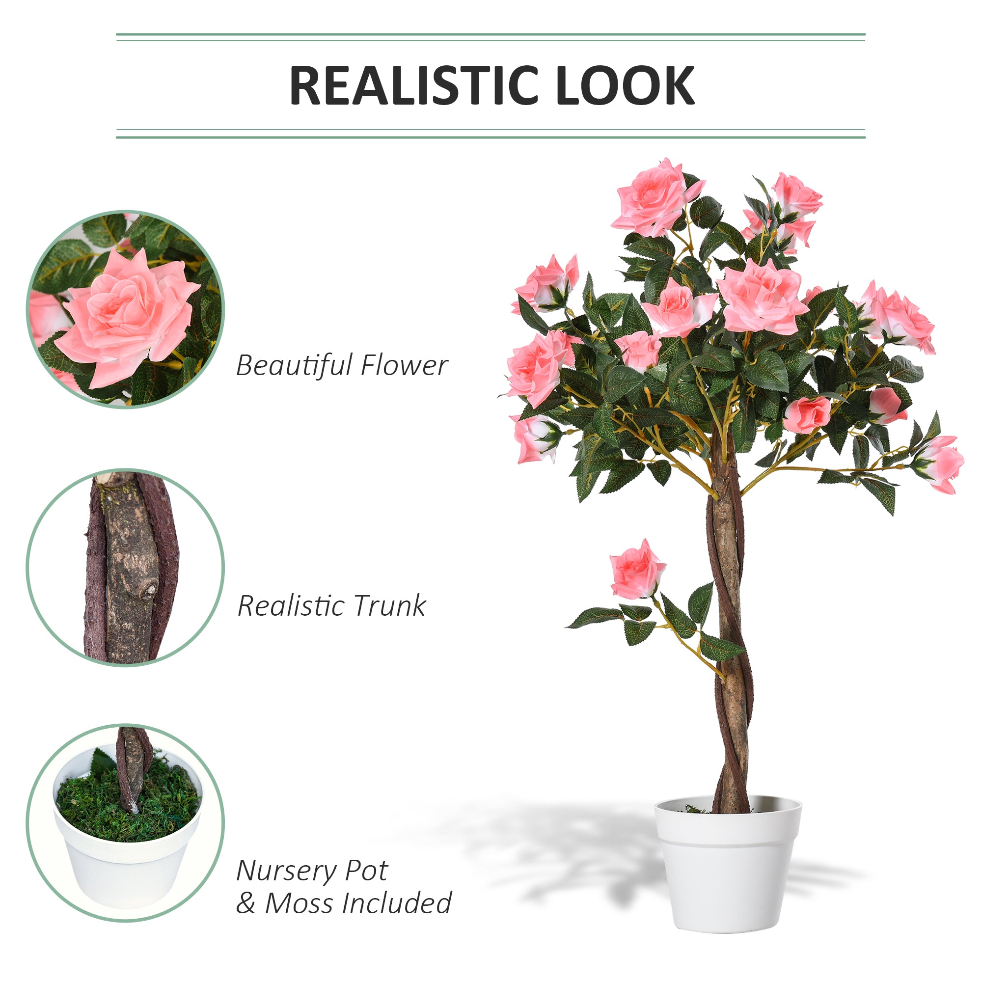 Outsunny Artificial Plants Pink Rose Floral in Pot, Fake Plants for Home Indoor Outdoor Decor, 90cm 