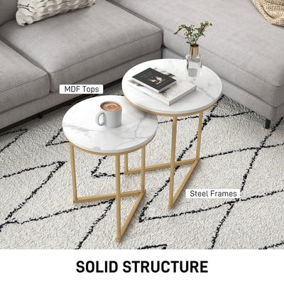 HOMCOM Set of Two Marble-Effect Nest of Tables - White/Gold-Tone 