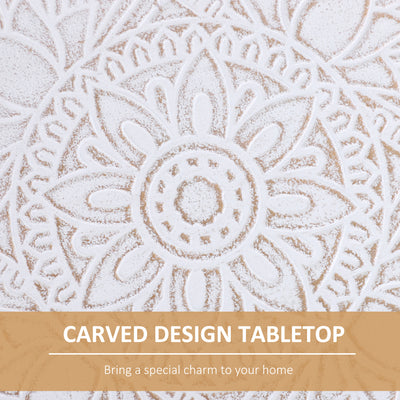 HOMCOM Coffee Table, Carved Floral Round Table with Tray-style Top and Wood Legs, Modern Side Table for Living Room, Set of 2, White 