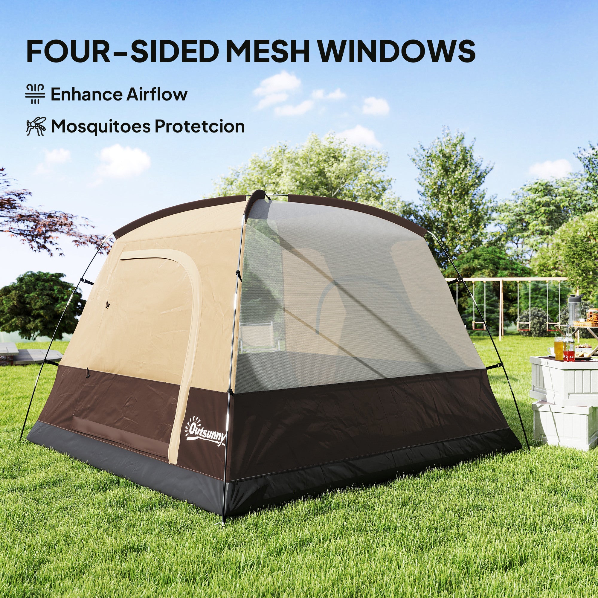 Outsunny 3-4 Person Camping Tent, Easy Set Up 3-4 Man Tent w/ Sewn-in Groundsheet, Waterproof Dome Tent w/ Mesh Windows, Brown 