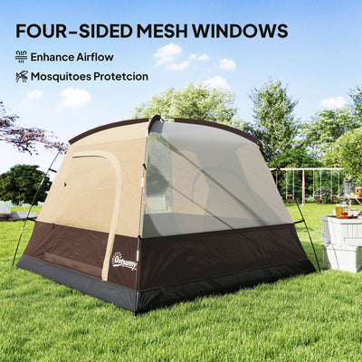 Outsunny 3-4 Person Camping Tent, Easy Set Up 3-4 Man Tent w/ Sewn-in Groundsheet, Waterproof Dome Tent w/ Mesh Windows, Brown 