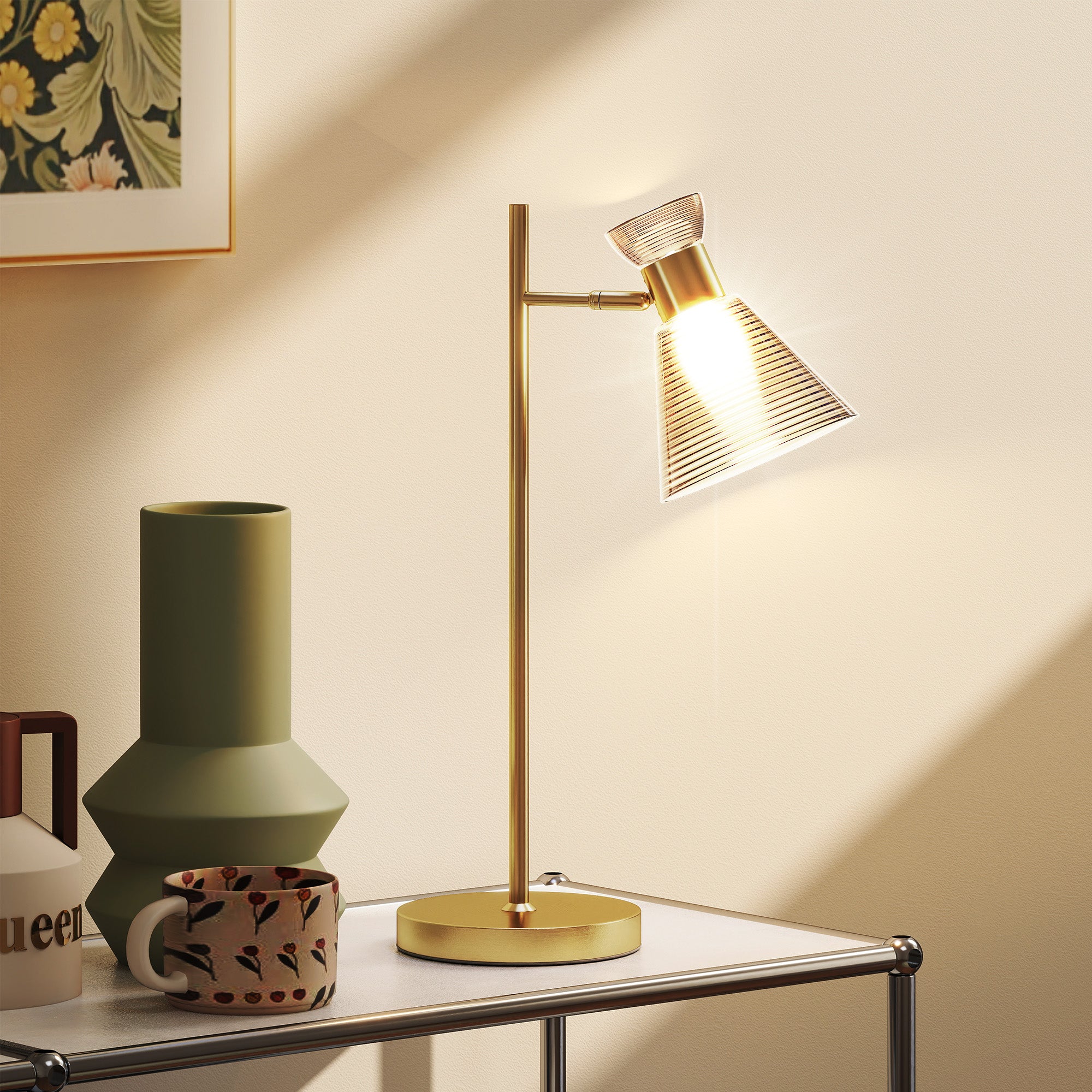 HOMCOM Modern Table Lamp, Bedside Lamp with Adjustable Flower-Shaped Head and E27 Socket for Living Room Bedroom Study, Bulb Not Included, Gold Tone 