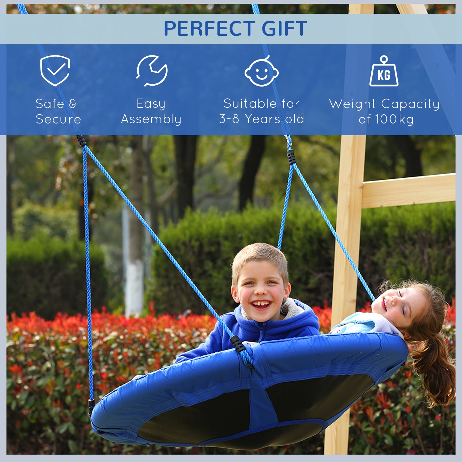 HOMCOM Kid Nest Swing Seat Saucer Tree Swing 40 Inch/100cm for Outdoor Indoor Blue 