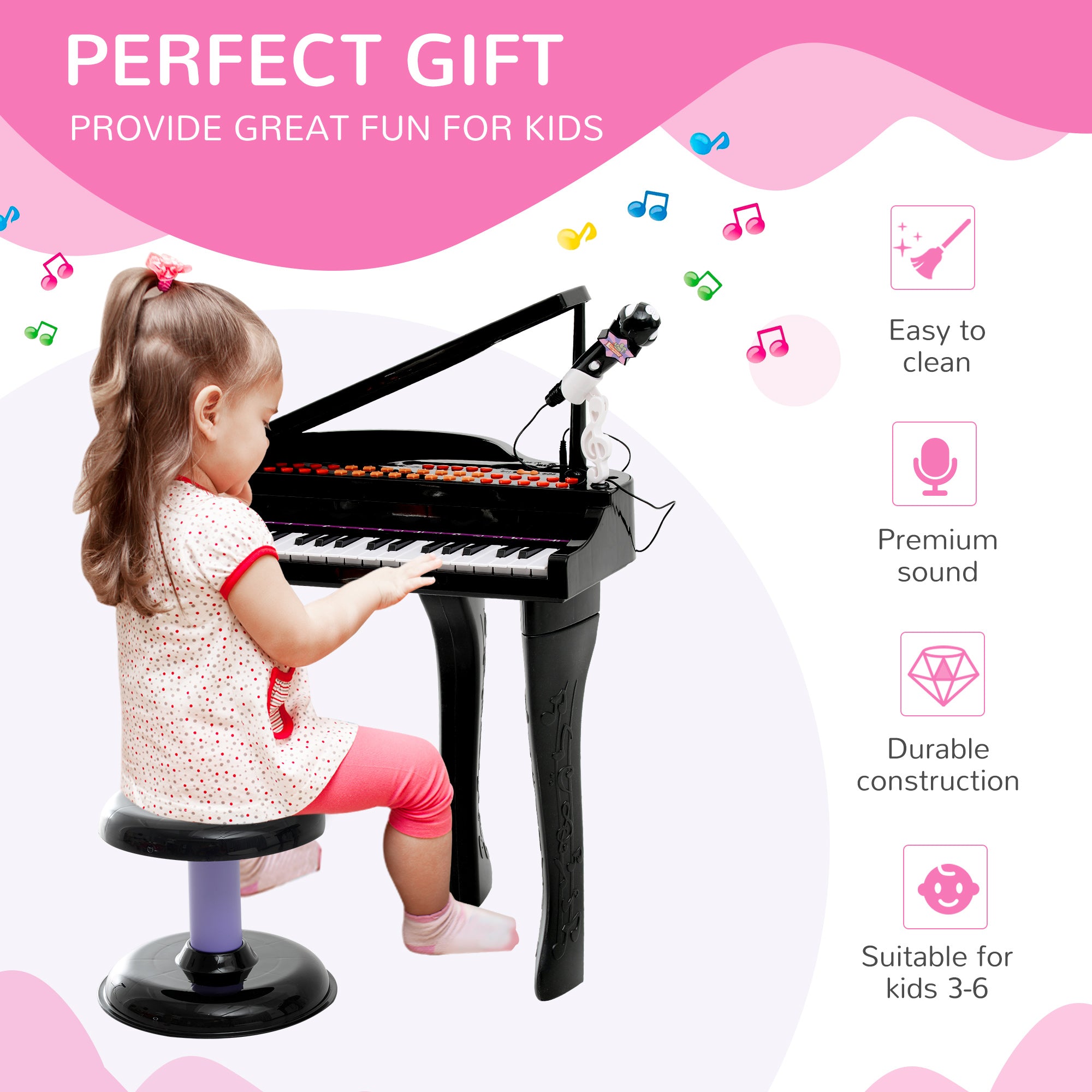 HOMCOM 37 Keys Kids Mini Electronic Keyboard Children Grand Piano with Stool Microphone Light Musical Instrument Educational Game Toy Set (Black) 