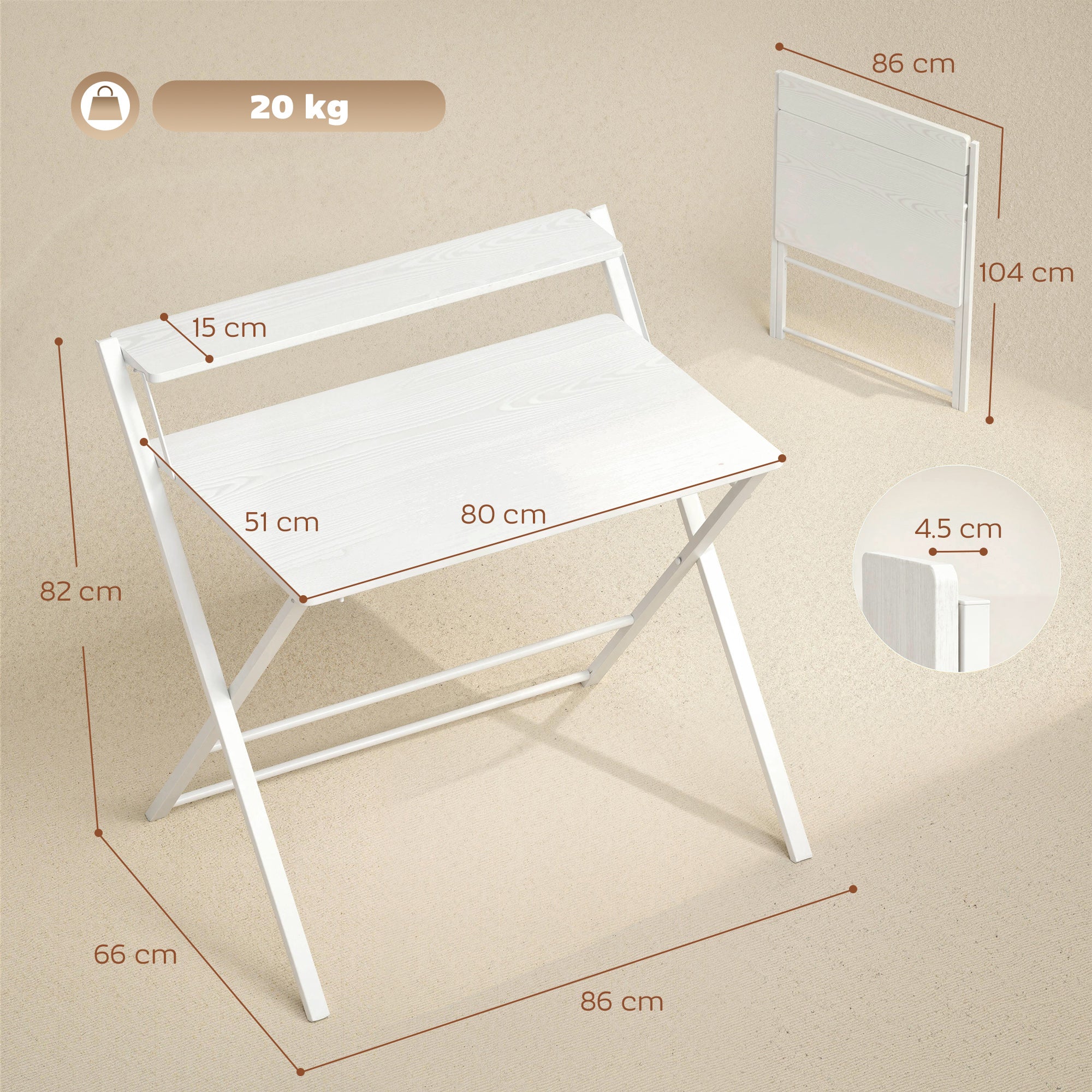 HOMCOM Compact Folding Desk for Small Spaces with Storage Shelf for Home Office, White 