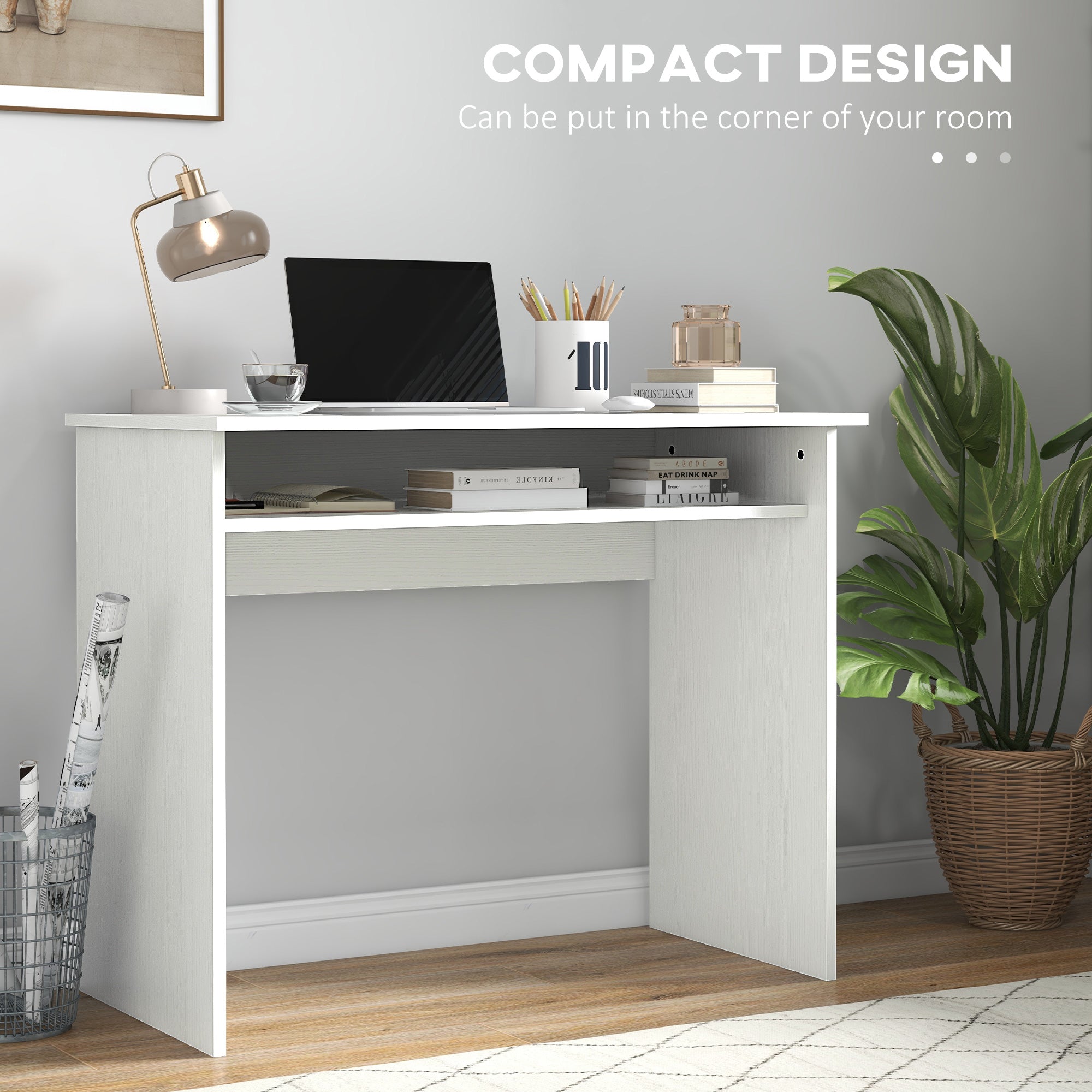 HOMCOM Modern Computer Desk, Home Office Table, Small Writing Desk with Storage Shelf, 90 x 50cm, White Wood Grain 