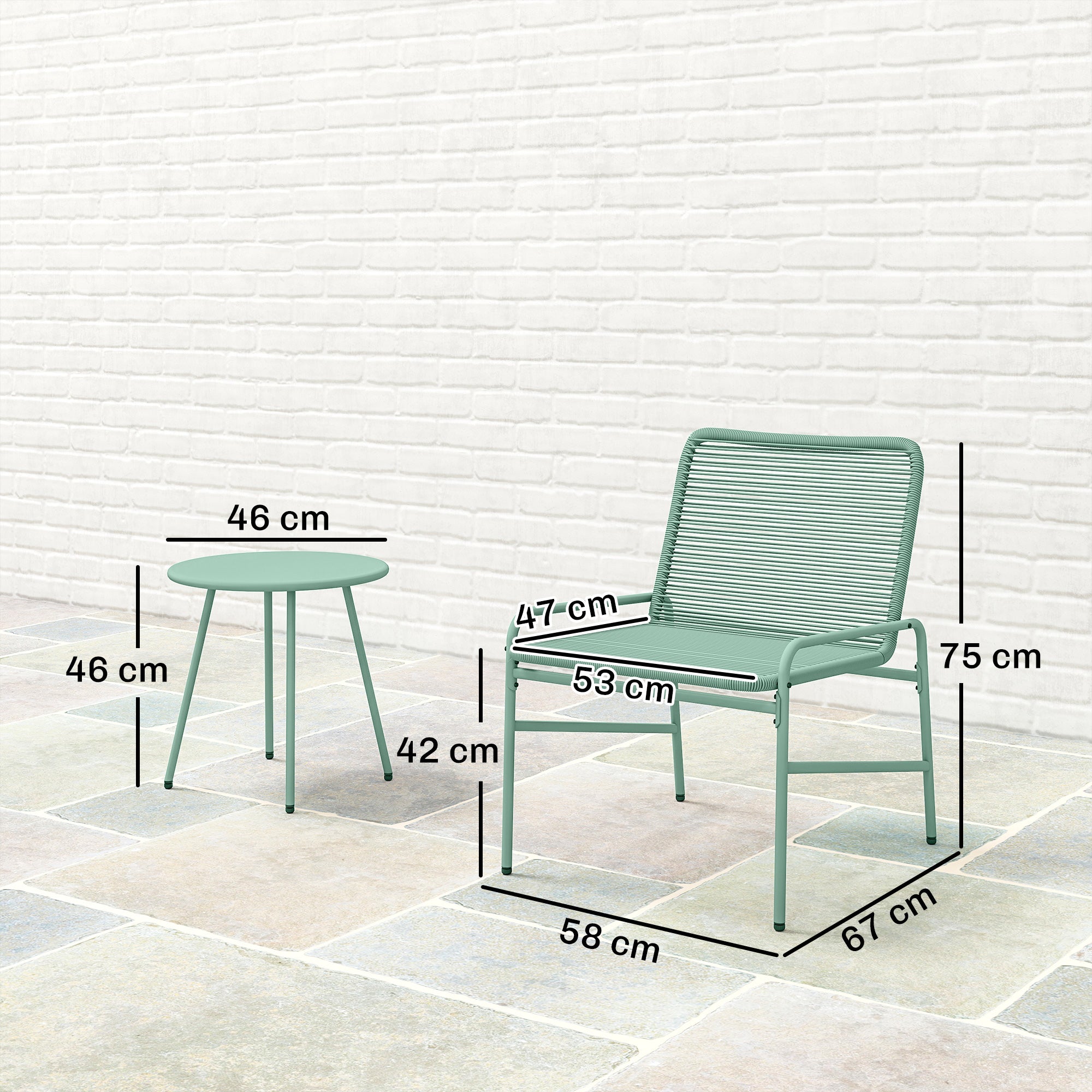 Outsunny 3 Piece Rattan Bistro Set, Outdoor Garden Furniture Set with 2 Chairs, Round Coffee Table for Patio, Balcony, Green 