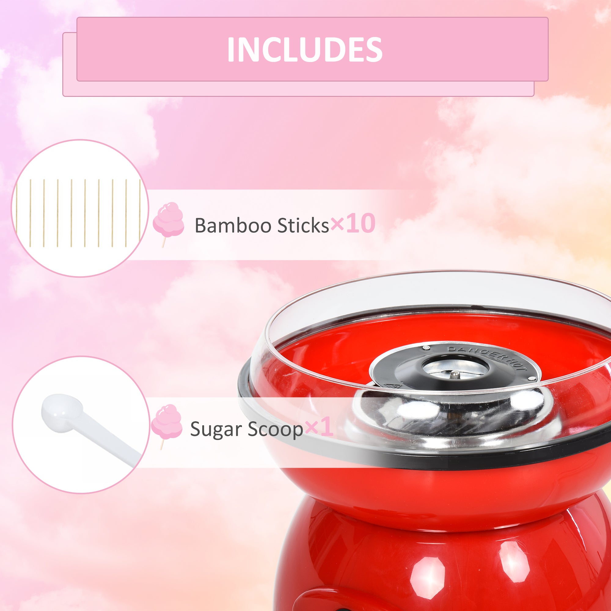 HOMCOM 450W Electric Candyfloss Machine Kit Non-Stick Plates Fairground Fun Children Adult Party Gift Home Sweet Metal Body w/ Accessories Red 