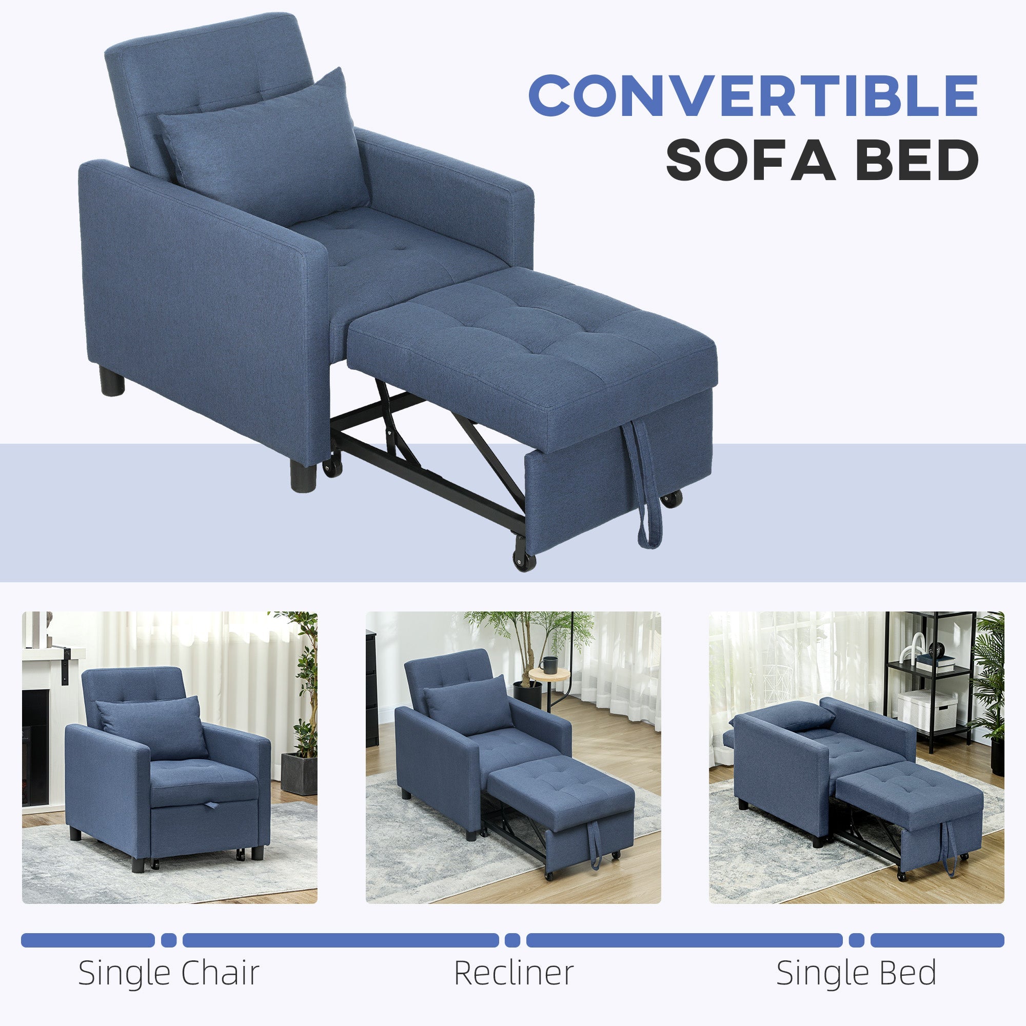 HOMCOM 3-In-1 Chair Bed, Convertible Sleeper Chair with Adjustable Backrest, Pillow and Footrest for Living Room, Blue 