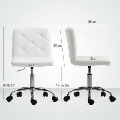 HOMCOM PU Leather Armless Office Chair, Modern Vanity Computer Swivel Chair with Rolling Wheels and Adjustable Height for Home Study, Bedroom, White 