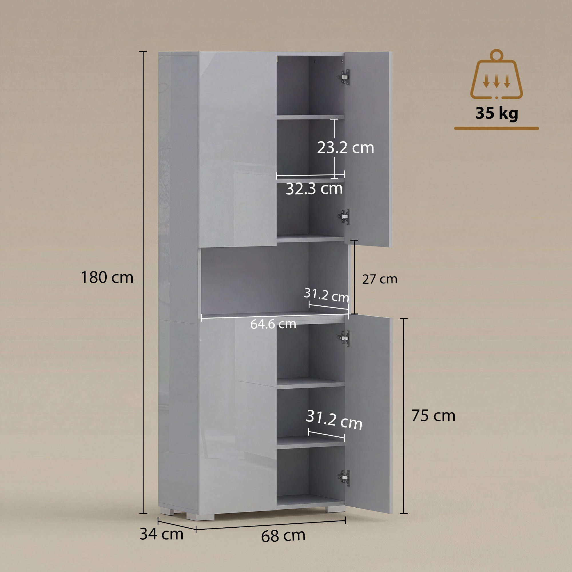 HOMCOM 180 cm Tall Kitchen Cupboard, Pantry Storage Cabinet with Soft Close Doors and Adjustable Shelves, High Gloss Grey 