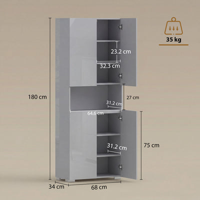 HOMCOM 180 cm Tall Kitchen Cupboard, Pantry Storage Cabinet with Soft Close Doors and Adjustable Shelves, High Gloss Grey 