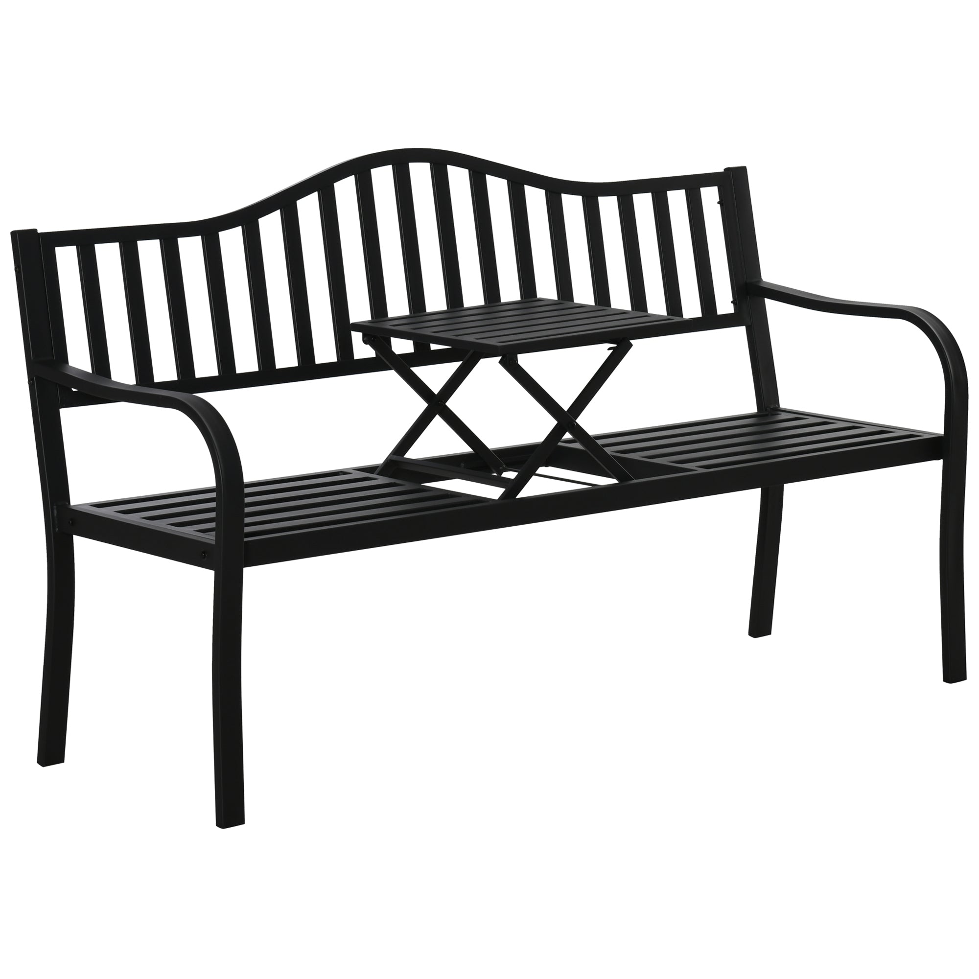 Outsunny Metal Outdoor Bench with Liftable Middle Table, Patio Loveseat, Garden Bench for Garden, Porch, Seats 2–3 People, Black 