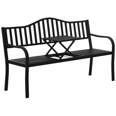 Outsunny Metal Outdoor Bench with Liftable Middle Table, Patio Loveseat, Garden Bench for Garden, Porch, Seats 2–3 People, Black 