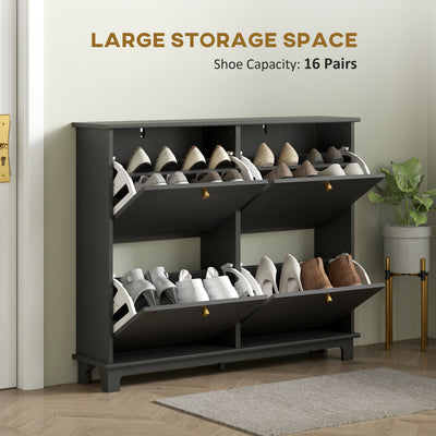 HOMCOM Narrow Shoe Storage Cabinet, Slim Shoe Cabinet with 4 Flip Drawers, Adjustable Shelves for 16 Pairs of Shoes, Black 