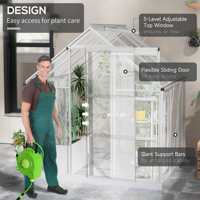 Outsunny 6 x 6ft Walk-In Greenhouse, Polycarbonate Greenhouse with Sliding Door, Window, Aluminium Frame, Foundation, Silver 