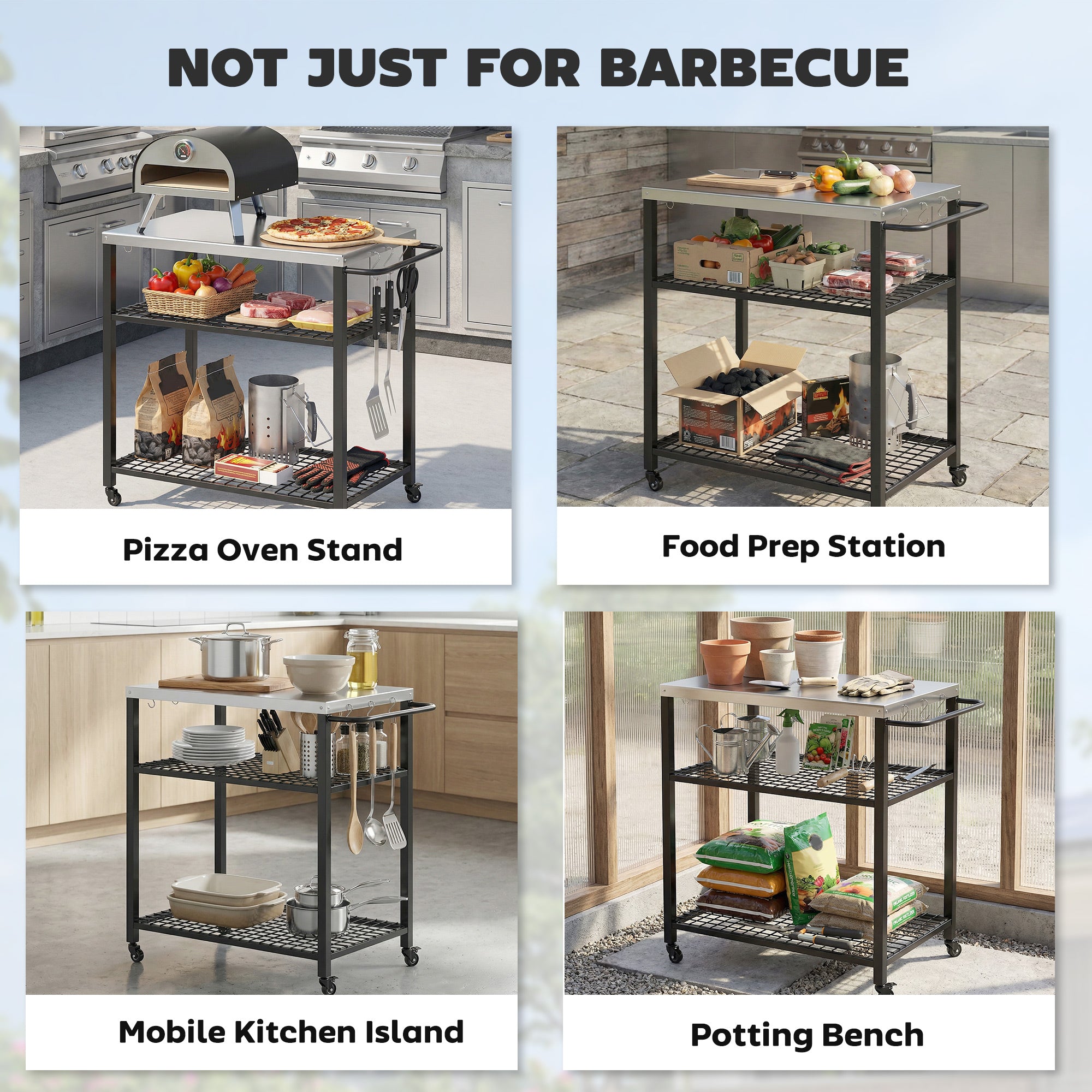 Outsunny Outdoor Grill Cart with Stainless Steel Tabletop, 3-Tier Pizza Oven Stand with 2 Shelves, 6 Hooks, Wheels, Black 
