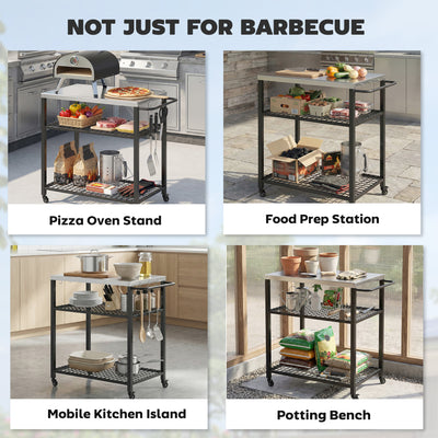Outsunny Outdoor Grill Cart with Stainless Steel Tabletop, 3-Tier Pizza Oven Stand with 2 Shelves, 6 Hooks, Wheels, Black 