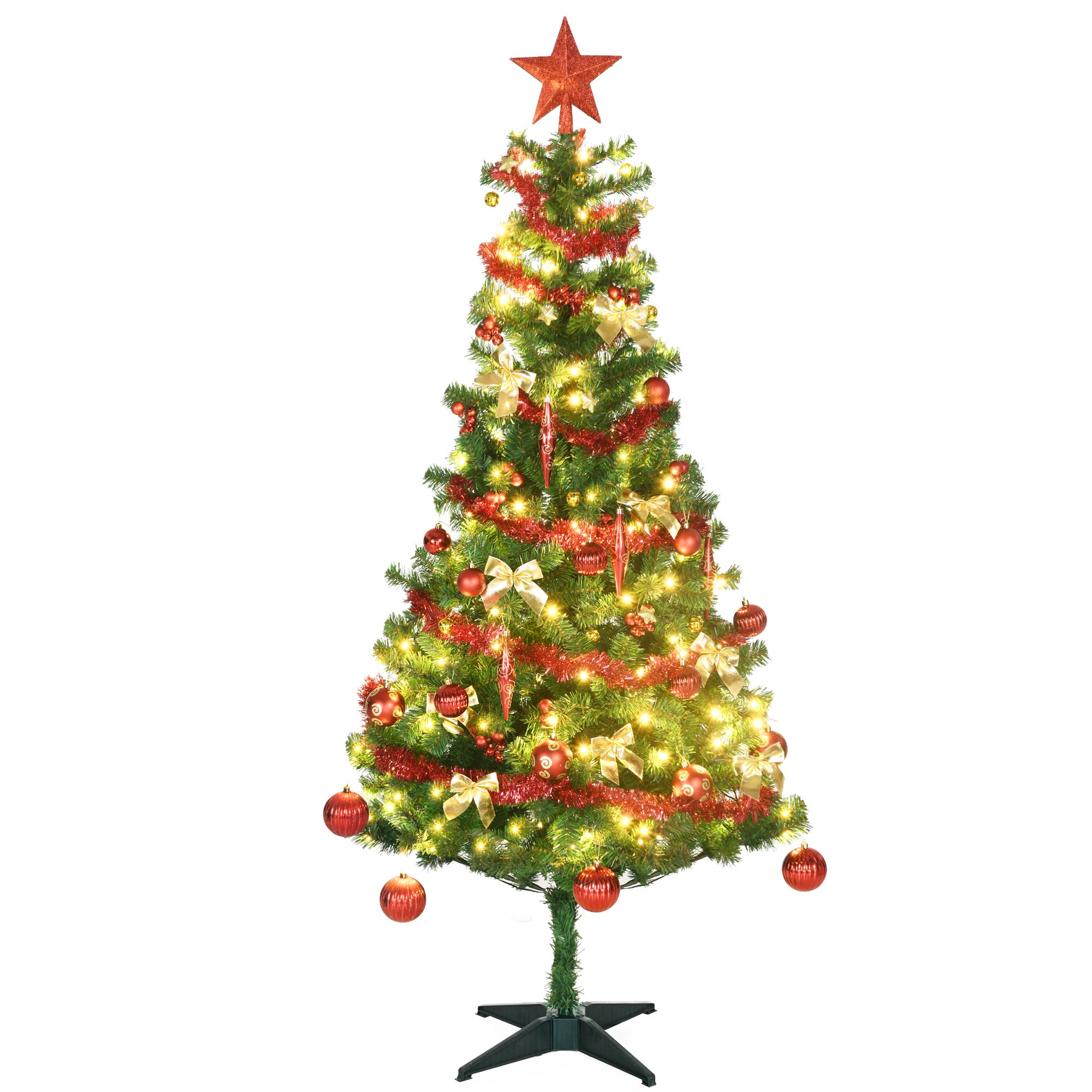 HOMCOM 6' Artificial Prelit Christmas Trees Holiday D\'c3\'a9cor with Warm White LED Lights, Auto Open, Tinsel, Ball, Star