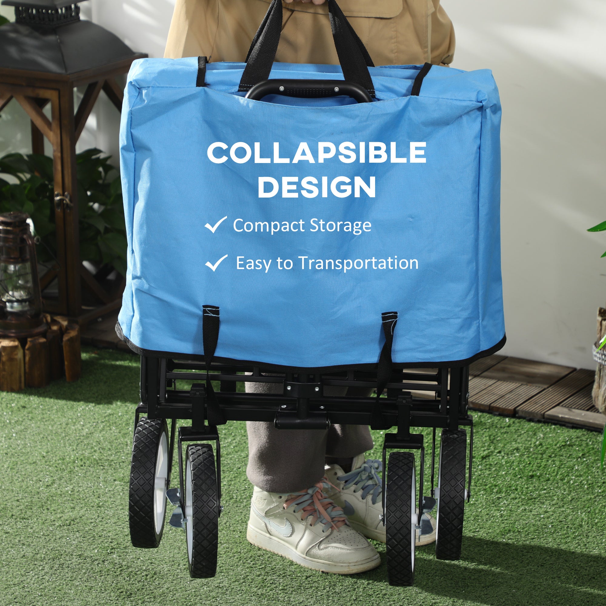 Outsunny 90L Folding Garden Trolley Cart Pull Along Wagon with Telescopic Handle for Beach Camping Festival - Blue 