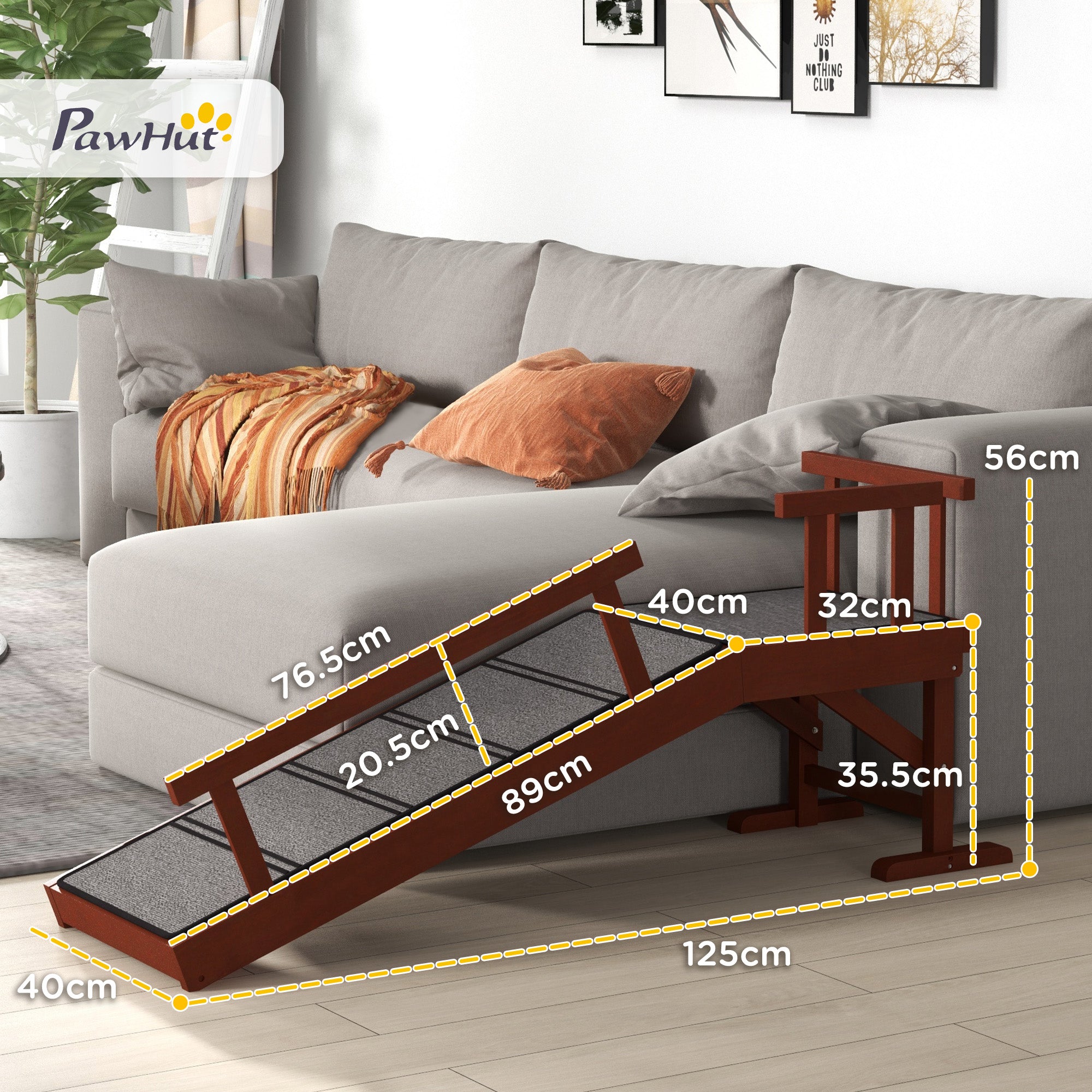 PawHut Wooden Dog Ramp with Removable Guardrails, Non-Slip Surface, 125 cm Long, Brown 