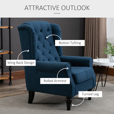 HOMCOM Wingback Accent Chair, Retro Upholstered Button Tufted Occasional Chair for Living Room and Bedroom, Blue 