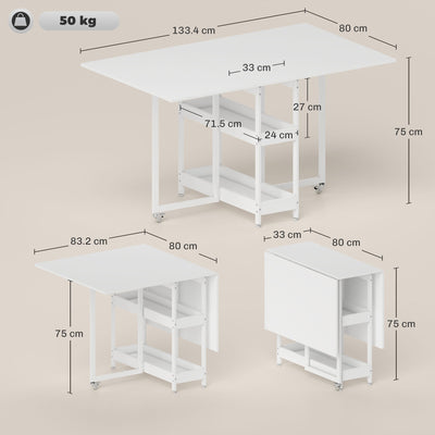 HOMCOM Industrial Folding Dining Table, Drop Leaf Table with Open Compartments for Small Spaces, Kitchen, Dining Room, White 