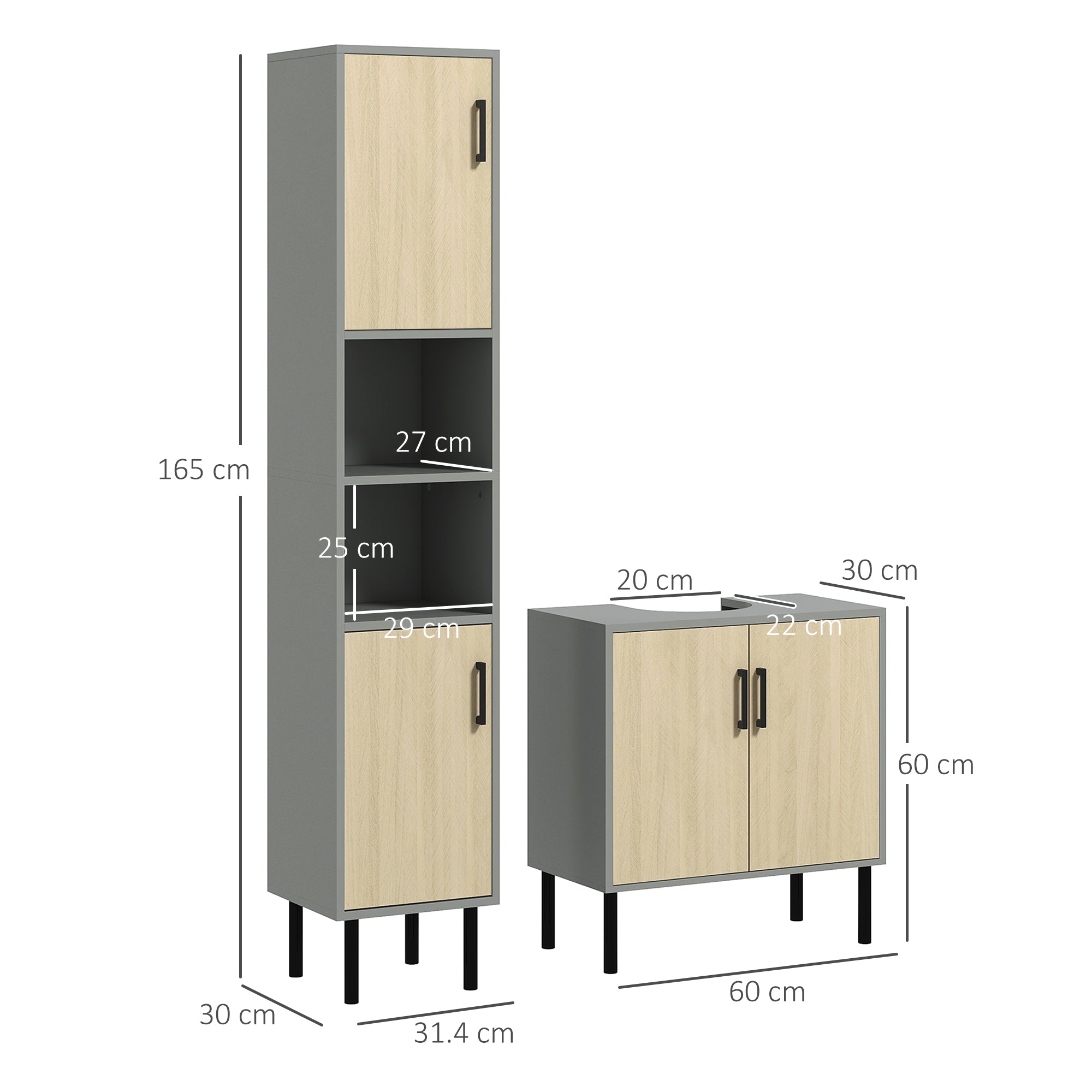 kleankin Bathroom Furniture Set with Doors, Tall Bathroom Cabinet with Adjustable Shelves, Under Sink Cabinet, Grey