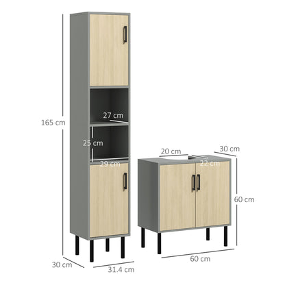kleankin Bathroom Furniture Set with Doors, Tall Bathroom Cabinet with Adjustable Shelves, Under Sink Cabinet, Grey