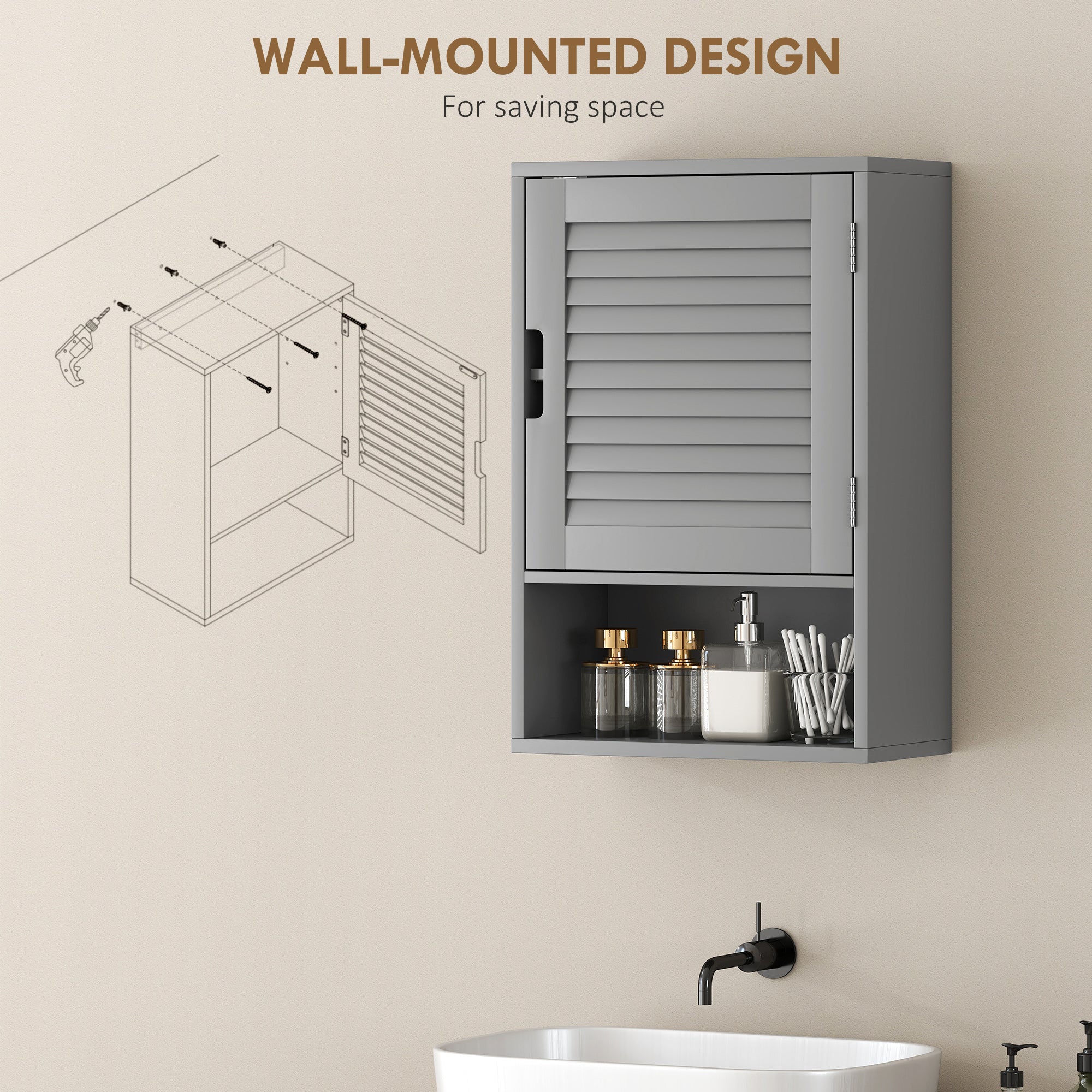 HOMCOM Bathroom Cabinet, Wall Mounted Storage Cabinet with Adjustable Shelves, 40 x 20 x 60 cm, Grey 