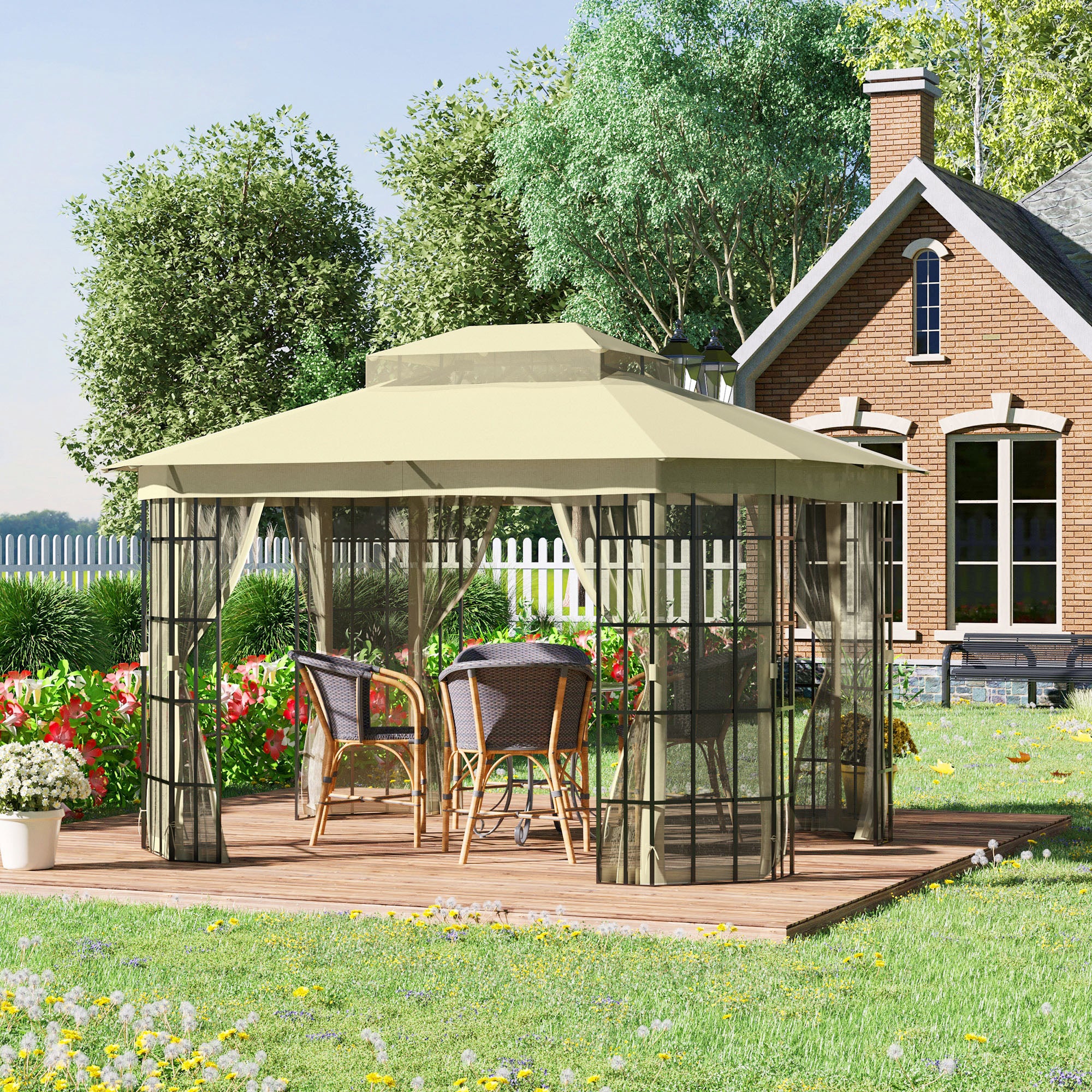 Outsunny 3.7 x 3(m) Patio Gazebo Canopy Garden Tent Shelter with 2 Tiers Roof and Mosquito Netting, Metal Frame, Beige